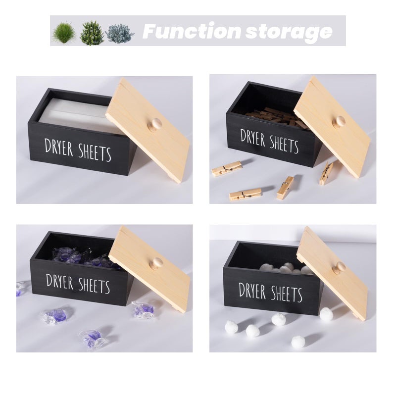 Zoocatia Laundry Room Decor Dryer Sheet Container، حامل موزع المنظفات الخشبي، منظمة وصندوق تخزين مع غطاء لكرات المجفف، كبسولات الغسيل، أسود - Image 5